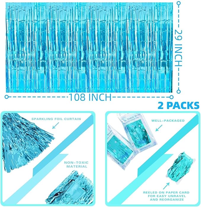 Light Blue Streamers Party Decorations, 2 Packs Ocean Blue Table Skirts Metallic Foil Fringe Tinsel for Birthday Under The Sea Shark Boy Baby Shower Winter Party Supplies -29x108Inch