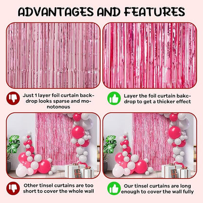 2 Pack Pink Tinsel Foil Fringe Curtains, Pink Party Decorations, Metallic Tinsel Party Streamers Backdrop for Birthday Baby Shower Graduation Wedding Bachelorette Party Decorations