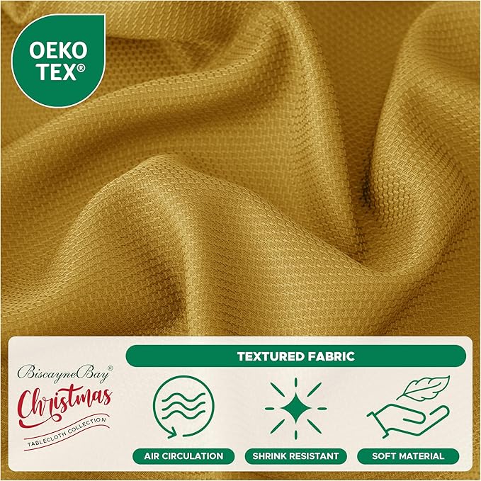 Biscaynebay Textured Fabric Square Christmas Tablecloths 54x54 Inches, Gold Water Resistant Spill Proof Tablecloths for Dining, Kitchen, Wedding and Parties, etc. Machine Washable