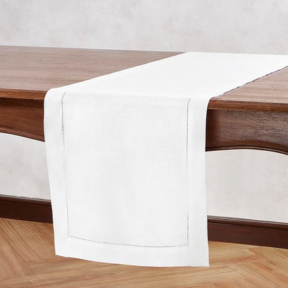 Linen Table Runner 90 inches Long – Hemstitch 100% Pure Linen White Dining Table Runner 14 x 90 Inch for Spring, Summer, Wedding Decorations, Gift – Elara