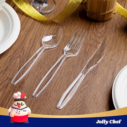 JOLLY CHEF 360 Count Heavy Duty Clear Plastic Silverware-180 Forks, 120 Spoons, 60 Knives, Heat Resistant Disposable Utensils Set, Clear Plastic Cutlery Set for Parties, Events, Everyday Use