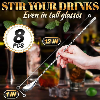 8 Pcs Bar Spoon Cocktail Mixing Spoon – 12'' Stainless Steel Cocktail Stirrers for Drinks, Polished Surface, Easy to Clean – Useful Bar Spoons for Professional and Home | Caviar Spoons