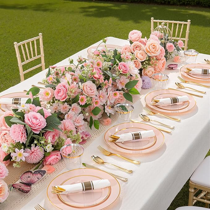 SUT 350 Pcs Pink and Gold Plastic Dinnerware Set for 50 Guests, Include: 50 Dinner Plates, 50 Dessert Plates, 50 Pre Rolled Napkins With Silverware, 50 Cups, Disposable Plates for Baby Shower, Party