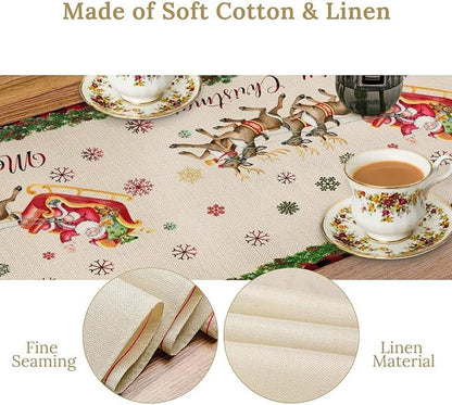 Christmas Table Runner,Xmas Deer Cute Santa Claus Red Plaid Pattern Printed Tablecloth Burlap for Hotel Indoors Outdoor Dining Room Kitchen Home Decor,W13X L90 in
