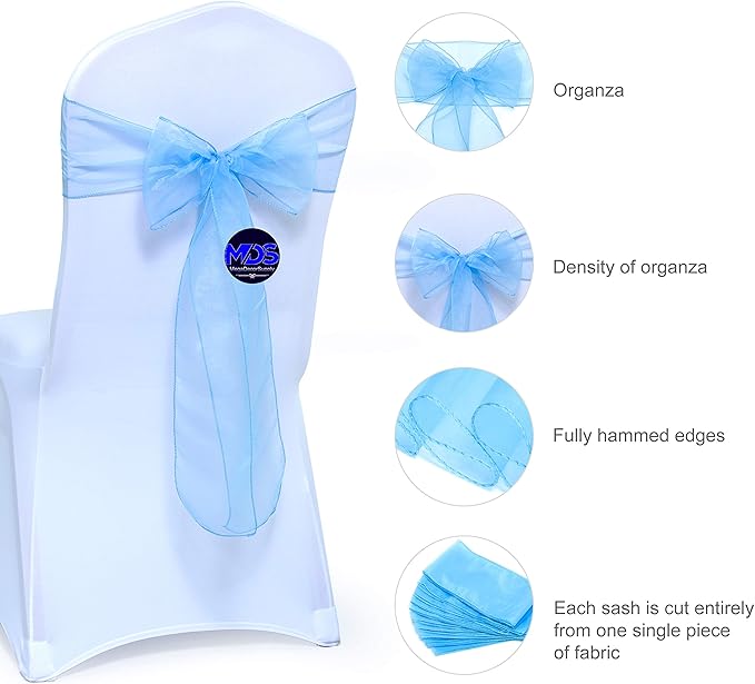 MDS Pack of 250 PCS Organza Chair Sashes Wider Dining Chair Bows Ribbon Tie Back for Wedding Party Birthday Bridal Shower Reception Event Banquet Home Chair Cover Decoration - Baby Blue