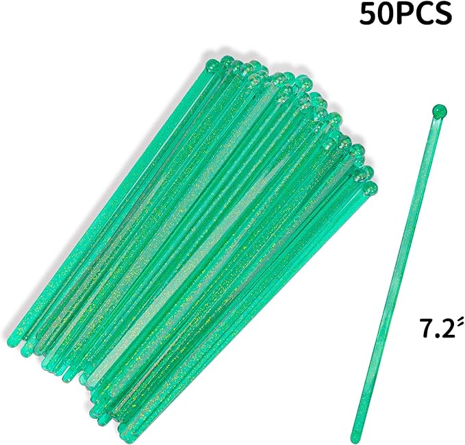 50-PCS Christmas Green Glitter Plastic Swizzle Sticks, Crystal Cake Pops, Cocktail Coffee Drink Stirrers, Stir Sticks for Christmas Party, 7.24 Inch