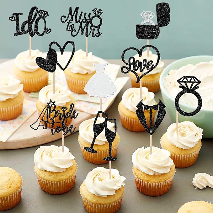 30 PCS Bride to Be Cupcake Toppers Glitter Miss to Mrs I Do Love Heart Ring Cupcake Picks Wedding Bridal Shower Cake Decorations for Wedding Engagement Bachelorette Party Supplies Black