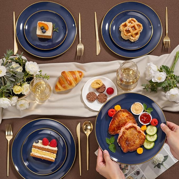 bUCLA 200PCS Blue Plastic Plates - Navy Blue Disposable with Gold Rim Include 100 Each (10 inch Dinner & 7 inch Dessert) Plates, Ideal for Party & Gathering