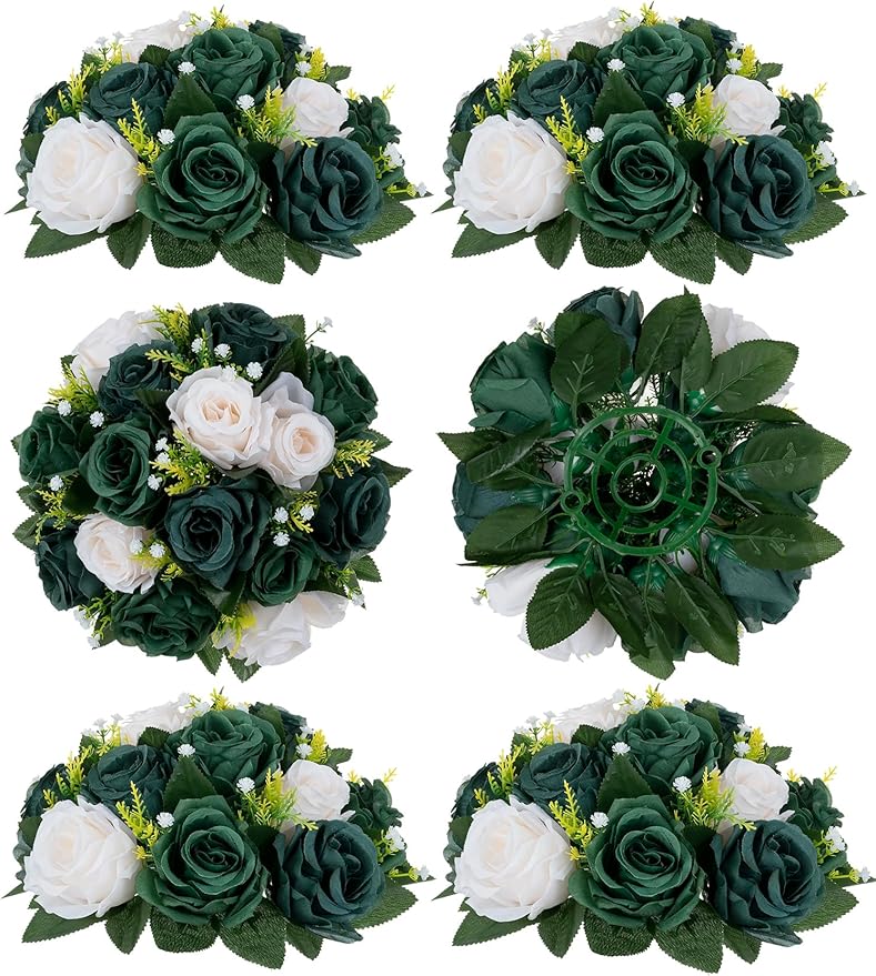 BLOSMON Green Flowers Rose Centerpieces: 6 Pcs Artificial Flower Balls for Wedding Dinning Table - Fake Silk Kissing Bouquet Floral Arrangement for Home Party Event Decor