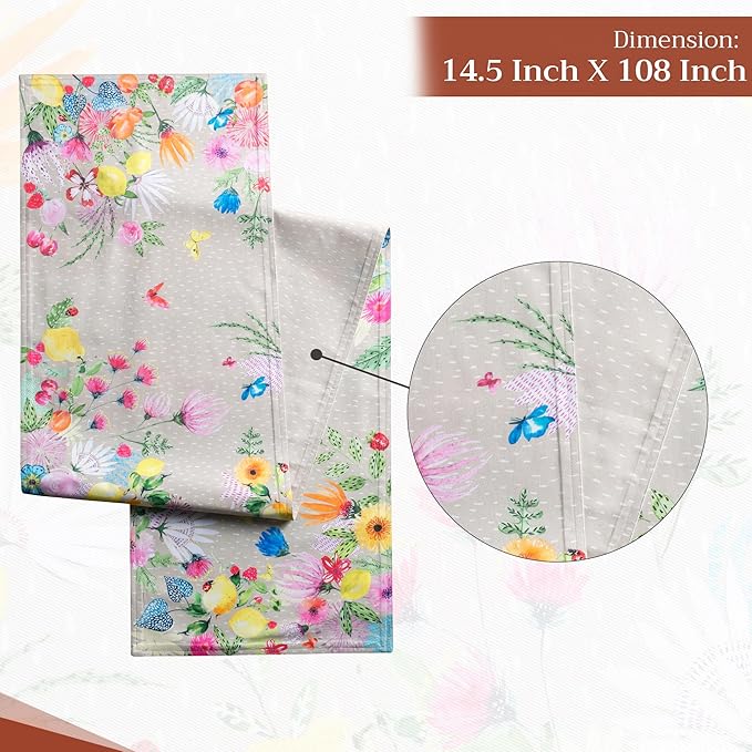 Maison d' Hermine Table Runner 100% Cotton Double Layer Table Runners 108 inches Long Decorative for Home Kitchen Dining Party Wedding Bridal Shower Spring Summer (Jardin D'Ete - Fog, 14.50" x 108")