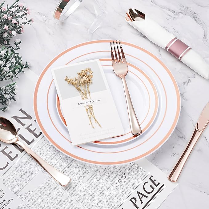 BESTVIP 175PCS Rose Gold Plastic Dinnerware Set, Disposable Party Plates for 25 Guests, Include: 50 Plastic Plates, 25 Pre Rolled Napkins with Rose Gold Silverware, 25 Cups for Christmas, Halloween