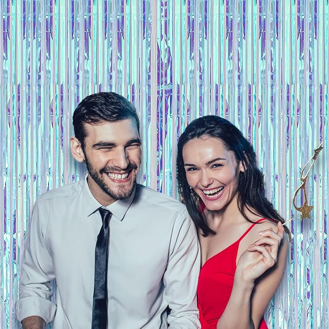 2 Pack 3.3x8.2 Feet Neon Iridescent Foil Fringe Backdrop Curtains, Tinsel Streamers Birthday Party Decorations, Fringe Backdrop for Graduation, Baby Shower, Gender Reveal, Disco Party
