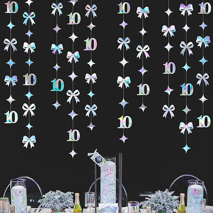 Iridescent 10th Bow Birthday Decorations Glitter Conquette Bow Garland Streamer Banner Backdrop for Girls Boys Happy 10th Birthday Double Digits Cheers to 10 Years Old Anniversary Party Supplies
