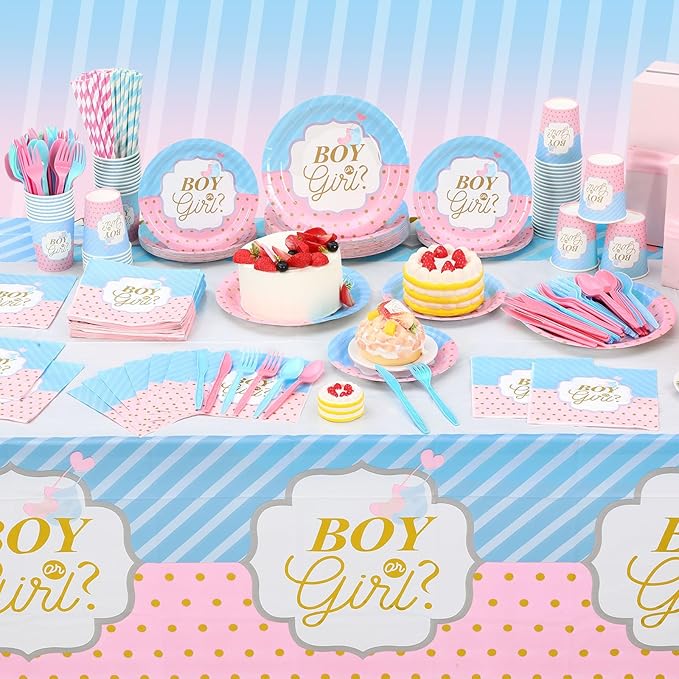 452 Pcs Gender Reveal Party Decorations Include Boy or Girl Paper Plates Napkins Cups Tablecloth Cutlery Straws Blue and Pink Gender Reveal Party Tableware for Baby Shower Decorations