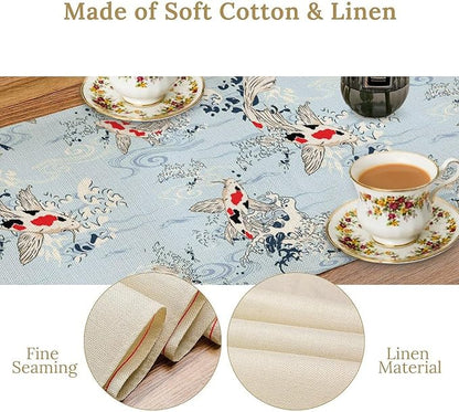 Kio Fish Table Runner Waves Retro Japanese Tradition Art Printed Burlap Runner Home Kitchen Dining Table Living Room Decor Fabric 1 Panel W13xL60in