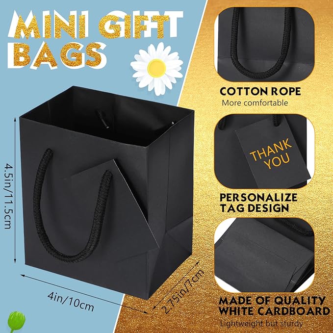 Sherr 100 Pack Mini Gift Bags Bulk, 4 x 2.75 x 4.5 Inches Paper Bags with Tags, Extra Small Paper Gift Boxes with Handles for Birthday, Party Favors, Weddings, Small Business(Black)