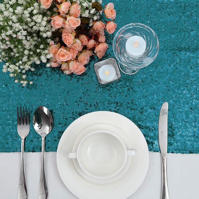 Eternal Beauty Teal Table Runner for Wedding, 2PCS-12x72 Sequin Table Runner Decorations for Birthday Parties, Banquets, Graduations,Christmas
