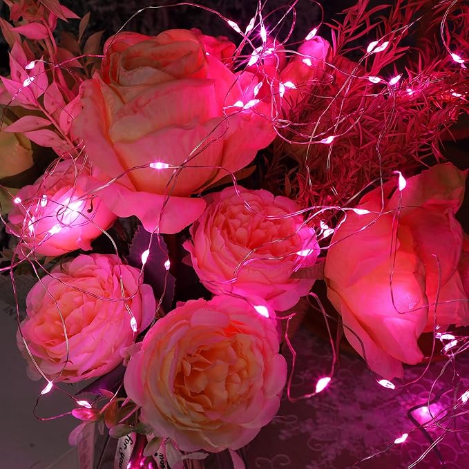 WATERGLIDE 12 Pack Fairy Lights Battery Operated (Included), 7 ft 20 LED Mini String Lights, Waterproof Silver Wire Firefly Starry Light for DIY Wedding Christmas Party Mason Jars Decor, Pink