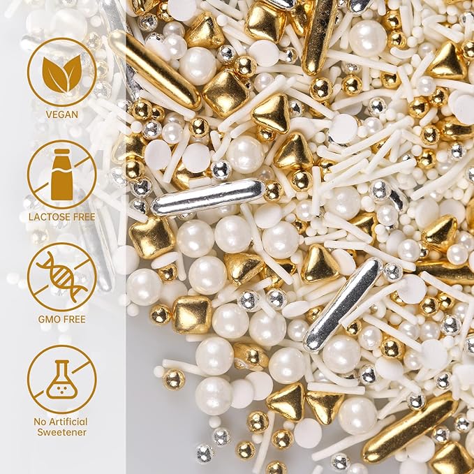White Deluxe Gold Sprinkles for Cake Decorating 7ounce - Gold Sugar Pearl Metallic Sprinkles for Cupcake Toppers, Ice Cream, Candy, Cookie Decorations - Jimmies, Confetti for Wedding Party Celebrations