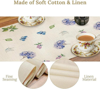 Spring Hydrangea Flower Table Runner, Seasonal Summer Plants Watercolor Florals Butterfly Dinner Runner for Home Kitchen Dining Table Party Holiday Decoration 13"x60"