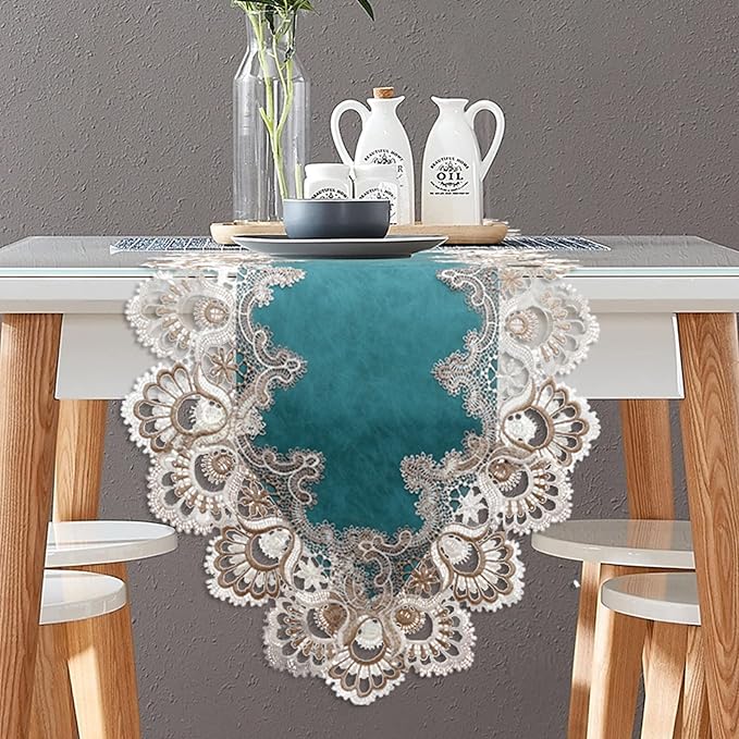 Vintage Lace Dining Table Runner, 120 Inches Floral Coffee Table Runners for Kitchen Home Christmas Party Decorations (16x120 inch, Cyan)