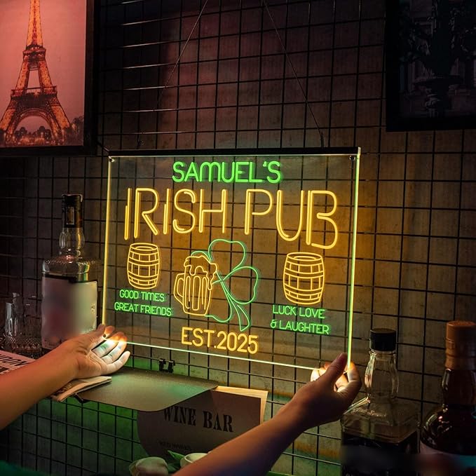Personalized Irish Pub Signs with Your Name for home wall light up with personalized pub name, man cave accessories, beer themed neon customizable lighted sign