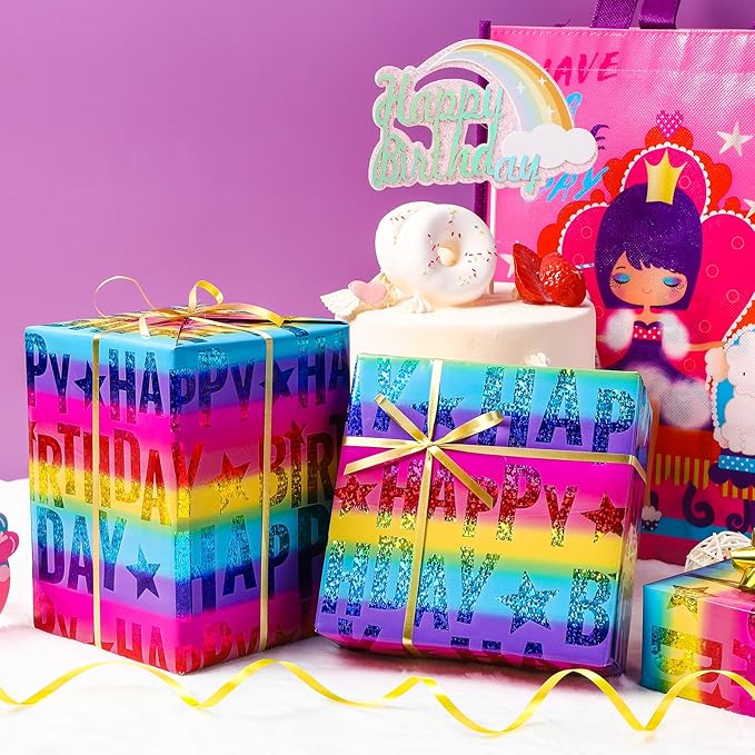 LeZakaa Holographic Birthday Wrapping Paper Roll, Happy Birthday Lettering with Colorful Stars, Rainbow Metallic Foil, with Cut Lines, for Boys Girls, Mini Roll, 17 inches x 32.8 Feet