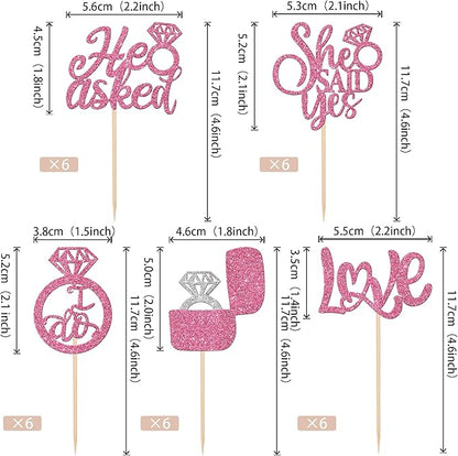 30 PCS He Asked She Said Yes Cupcake Toppers Diamond Ring Cupcake Picks Love I Do Cake Picks for Wedding Enaggement Bridal Shower Party Cake Decorations Supplies Pink