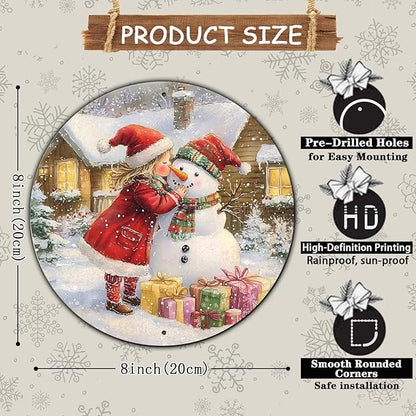 Round Wall Decor Metal Sign - Girl & Snowman Rustic Wall Plaque - Christmas Wreath Sign - 8*8 in