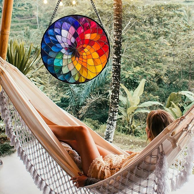 Stained Glass Window Hanging - Colorful Flowers Sun Catcher for Door Terrace Garden Home Decor, Abstract Gradient Suncatcher Birthday Gifts for Lovers Women Men Dad Mom Nana 11.8 in