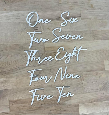 Cursive Wedding Table Number SET, DIY thin modern Black or White acrylic cutouts with silicone glue included. Words only, no backing (One - Five, Gloss White)