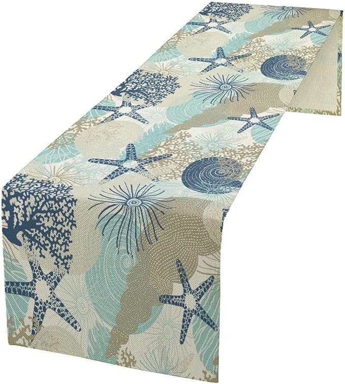 Nautical Coastal Table Runner，Ocean Themed Starfish Coral Conch Beach Kitchen Dinning Table Decoration for Indoor Outdoor Home Party Decor 13x90 Inch