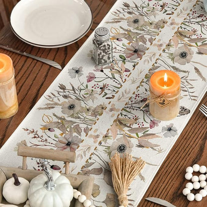 Artoid Mode Wildflower Leaves Floral Fall Table Runner, Autumn Thanksgiving Kitchen Dining Table Decoration for Indoor Outdoor Home Party 13x48 Inch