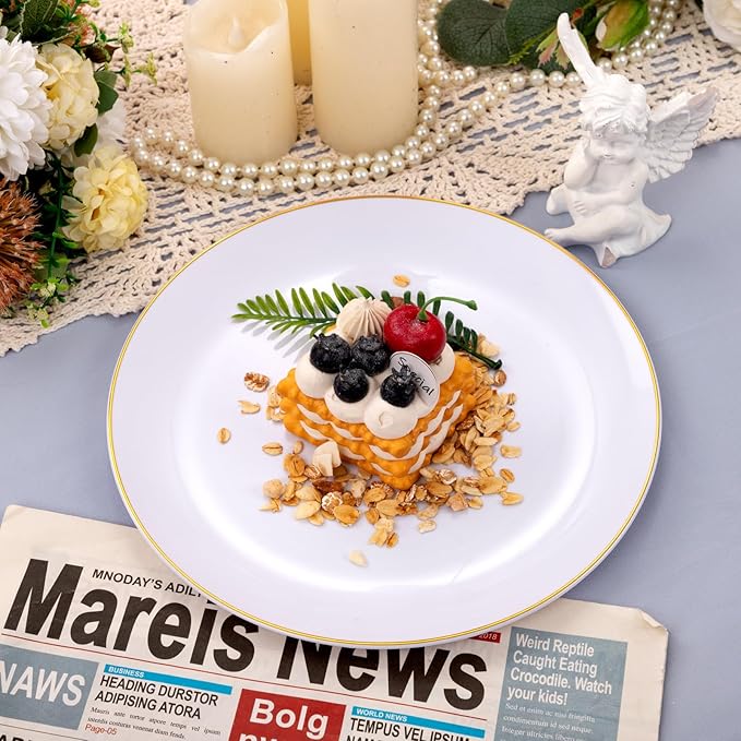 Festiva 50Pcs Gold Plastic Plates - 9 Inch White Plastic Plates with Gold Rim - Disposable Dinner Plates - include 50 salad&pasta Plate Perfect for Party&Wedding&Thanksgiving &Christmas
