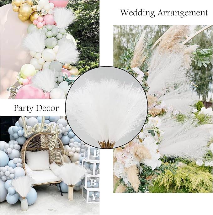 50pcs White Faux Pampas Grass Decor, 21.6" Short Artificial Pompous Grass Floral Fake Pompas Grass Branches Vase Filler Flower Arrangement for Home Wedding Boho Decor