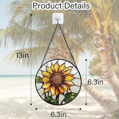 Stained Glass Window Hanging - Sunflower Flower Suncatcher Ready to Hang Window Doors Home Decoration and Christmas, Mother's Day Birthday Gifts for Women, Men, and Mom 6.3x6.3 in