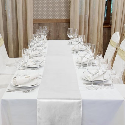 Aneco 12 Pack Satin Table Runner 12 x 108 Inch White Long Wedding Satin Silk Table Runner for Wedding Banquet Graduations Birthday Party Decoration