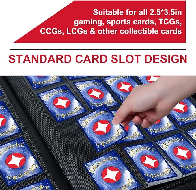GEAoffice 16 Pockets Trading Card Binder for 1000+ Cards, Sturdy Large Side Loading Zipper Collection Binder for MTG, TCG, Game & Sport Cards, Red