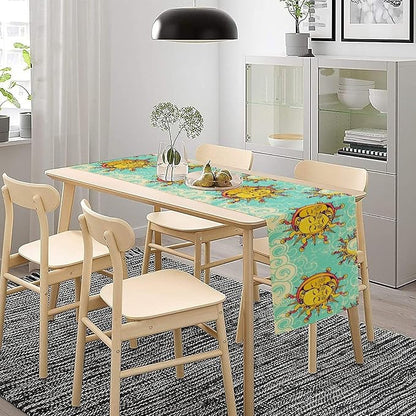 Retro Sun Moon Table Runner, Phase of The Moon Vintage Cloud Table Runner for Kitchen Dinner Living Room Table Runner Yellow Floral, 13x60 Inch Yellow Blue