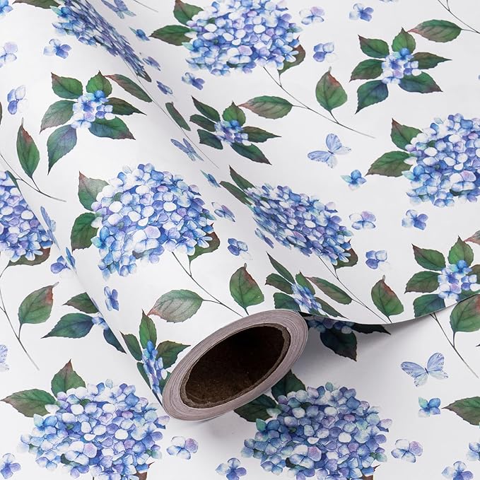 WRAPAHOLIC Kraft Hydrangea Floral Wrapping Paper Roll - Mini Roll - 17 Inch x 16.5 Feet - Hydrangea Flower Wrapping Paper for Wedding, Birthday, Bridal Shower, Tea Party