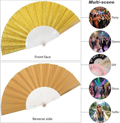 12 Pack Handheld Fan,Folding Hand Glitter Fan with Shining Transparent Fan Rib – Ideal for Wedding, Church, Festival, Dance, Tea Party, Club, and EDM Accessories, Yellow