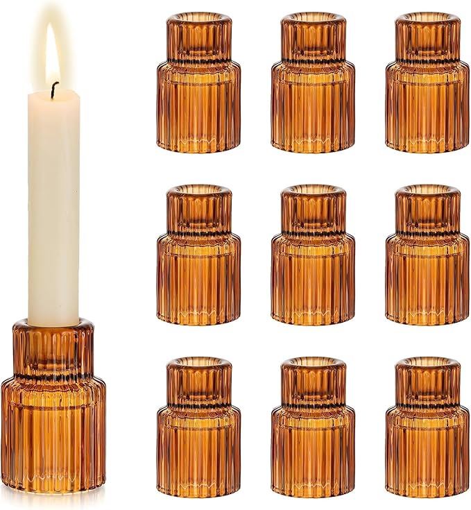 Hewory Glass Taper Candle Holders: 10 PCS Amber Elegant Candle Holder Candlestick Holders Bulk, Ribbed Glass Candle Holder Candle Sticks Holder Decor for Table Centerpiece Fall Thanksgiving Home Decor
