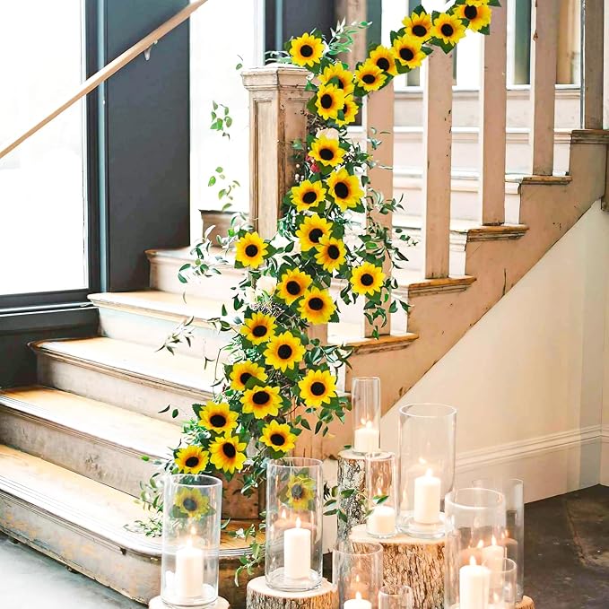 Uieke 3 Pack 7.5ft/Pcs Artificial Sunflower Garland Hanging Sunflower Vines with Green Leaves,Silk Flowers for Home Room Kitchen Garden Wedding Arch Bridal Baby Shower Party Outdoor Decor Medium