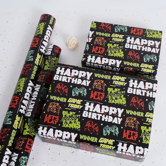 Aimyoo Gaming Birthday Wrapping Paper Roll - 17 Inch X 32.8 Feet - Black Happy Birthday Video Game Pattern Gift Wrap Paper for Boys Party, Baby Shower, Holiday