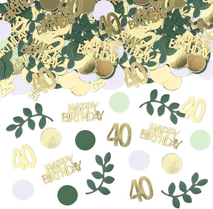 Sage Green 40th Happy Birthday Confetti, 40th Birthday Table Decorations Scatter Green Gold Foil Cake Confetti Decorations for 40 Bday Woman Man Party Decor 230 Pcs