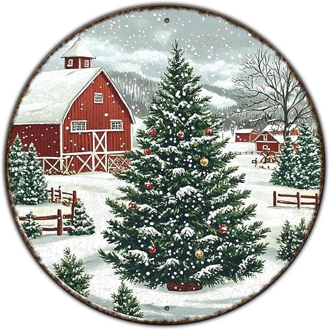 Round Christmas Trees Barn Metal Tin Sign Christmas Vintage Tin Sign for Kitchen Cafe Bar Farmhouse Home Wall Decor Art Winter Decoration 12 * 12 in