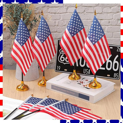 24 Pcs American Desk Flag Set Small USA Flags for Table with 13" Black Pole, Gold Base and Spear Top, American Flag for Home Office Party Festival Celebrations Decor