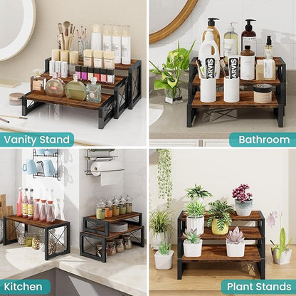 ELITEROO 3 Tier Cupcake Stand & Wood Display Risers, Dessert Stands for Cup Cake or Food, Riser Display Stand for Perfume Collectibles, Tiered Shelf Organizer for Market Retail Vendors, Rustic Brown