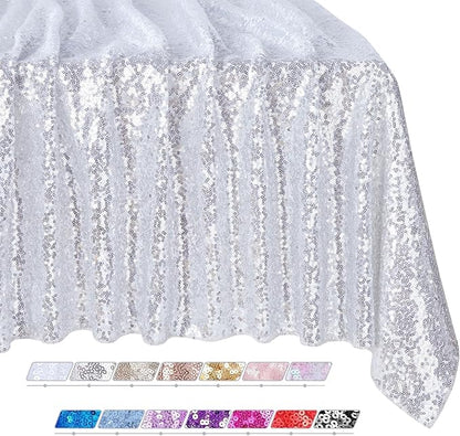 QueenDream Tablecloth 90x156 Rectangle Sequin Tablecloth Silver Wedding Table Linens Glitter Birthday Bridal Party Indoor Outdoor Decorations