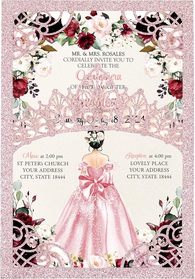 50Pcs Pink Crown Quinceanera Invitation Burgundy for 15 year, Sweet 16, Miss XV, Birthday Laser Cut Quince Invitation Cards Personalized Glitter Pink